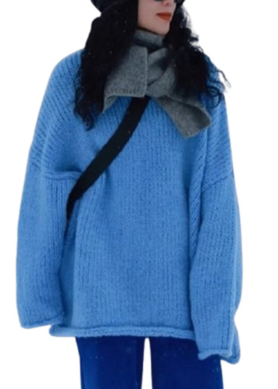 Simple Blue O-Neck Cozy Thick Cotton Knit Sweater Long Sleeve