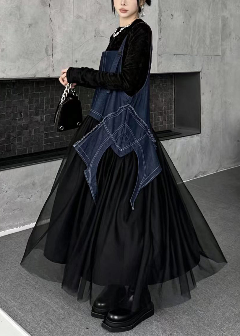 Simple Blue Oversized Asymmetrical Tulle Patchwork Pinafore Dress Fall