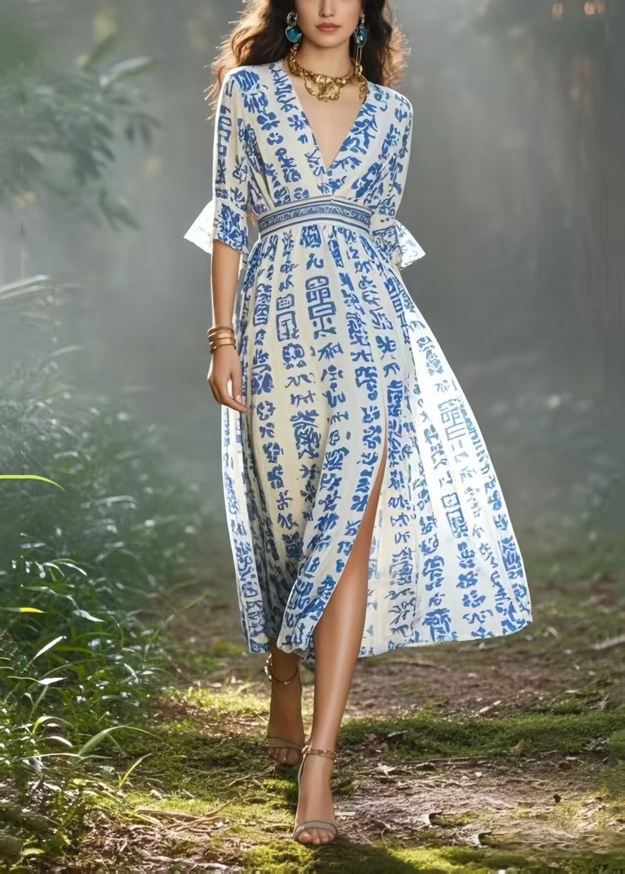 Simple Blue Print Side Open Chiffon Long Dress Summer