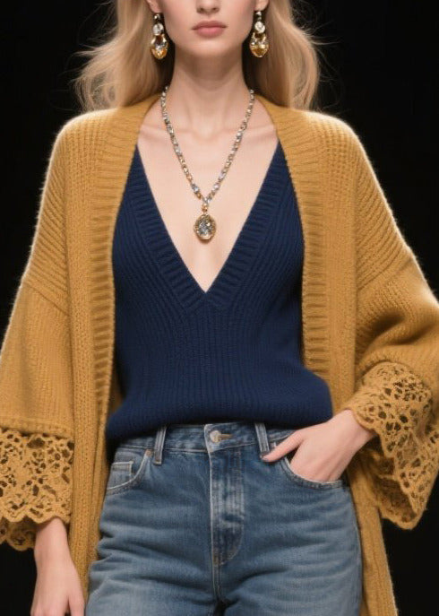 Simple Brown Oversized Patchwork Lace Cardigan Fall