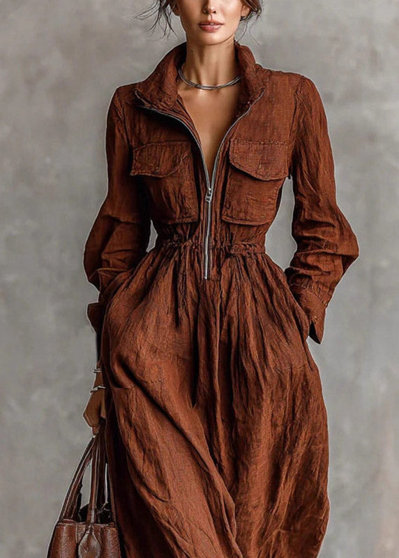 Simple Brown Peter Pan Collar Elastic Waist Pockets Maxi Dress Long Sleeve