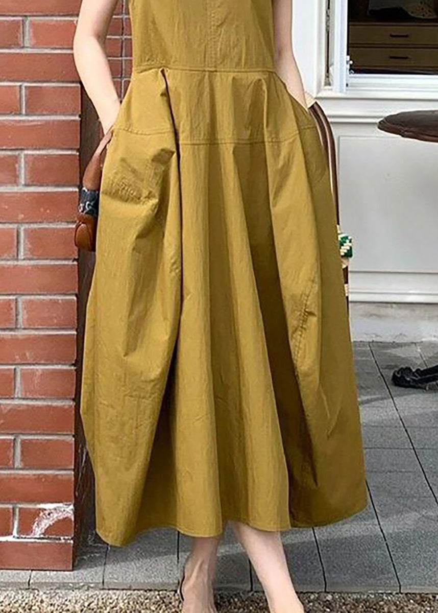 Simple Brown Yellow Pockets Exra Large Hem Dresses Sleeveless