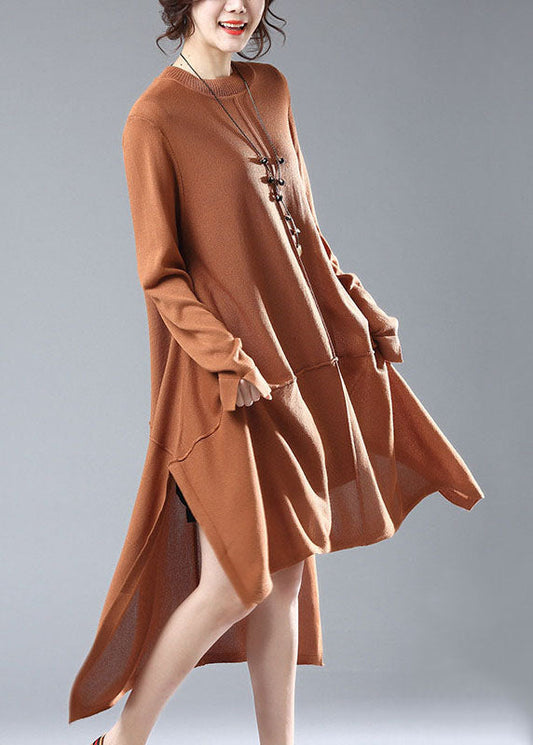 Simple Caramel O Neck Low High Design Patchwork Knit Knitwear Dress Fall