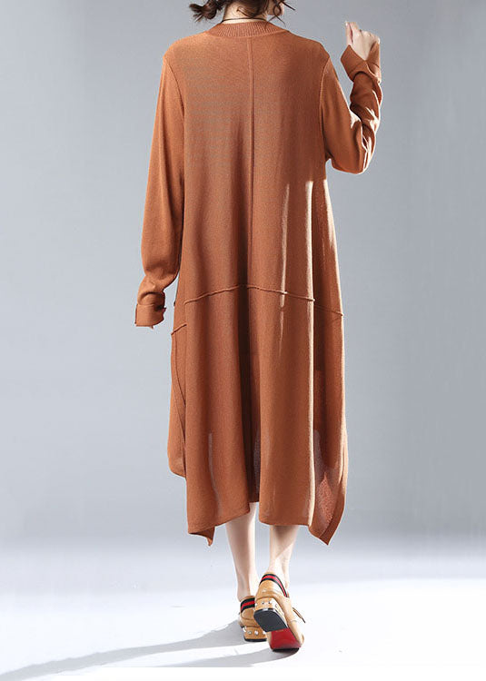 Simple Caramel O Neck Low High Design Patchwork Knit Knitwear Dress Fall