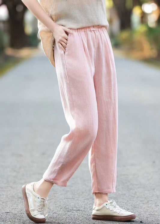 Simple Casual Blue Pockets Elastic Waist Linen Pants Summer