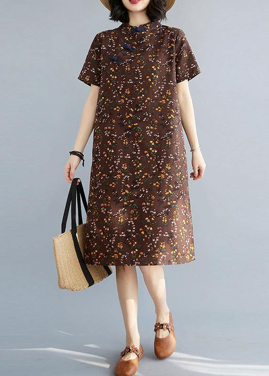 Simple Chocolate Print Oriental Maxi Summer Cotton Dress - SooLinen