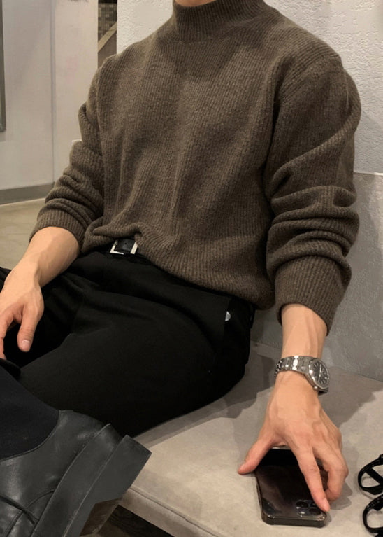 Simple Coffee Cozy Solid Knit Men Sweaters Winter