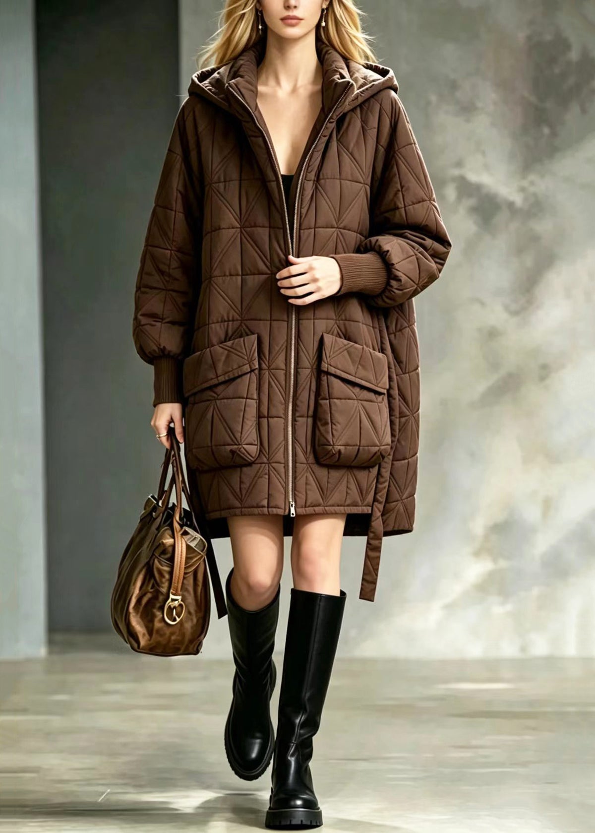 Simple Coffee Hooded Big Pockets Diamond Quilted Cotton Filled Coats Winter