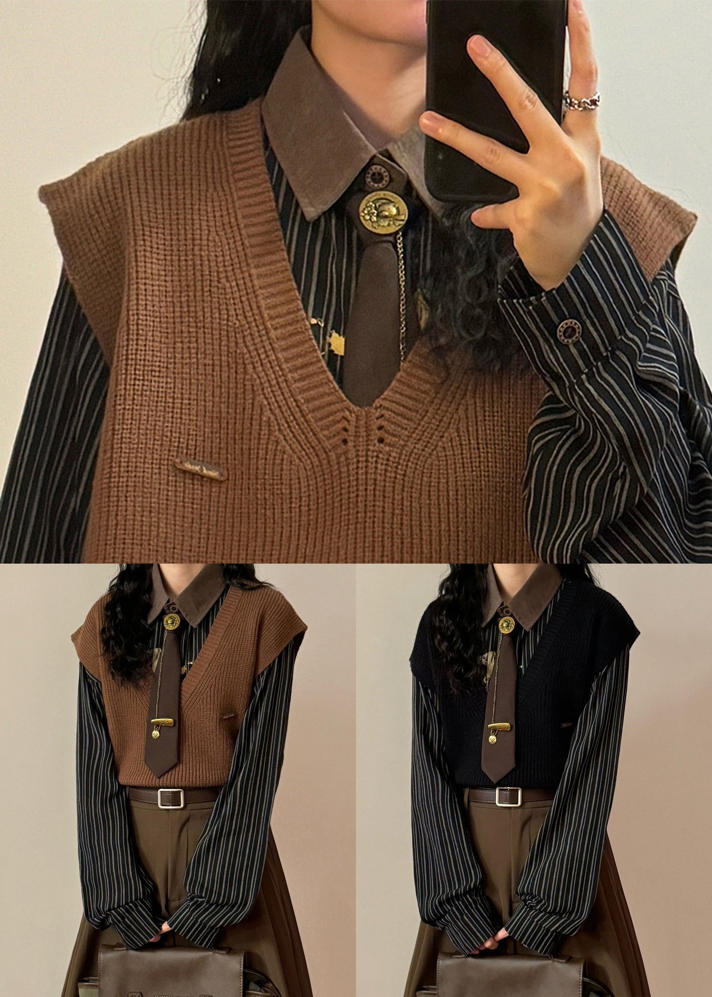 Simple Coffee V Neck Solid Knit Vest Sleeveless