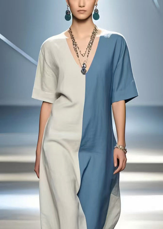Simple Colorblock V Neck Patchwork Cotton Dress Summer