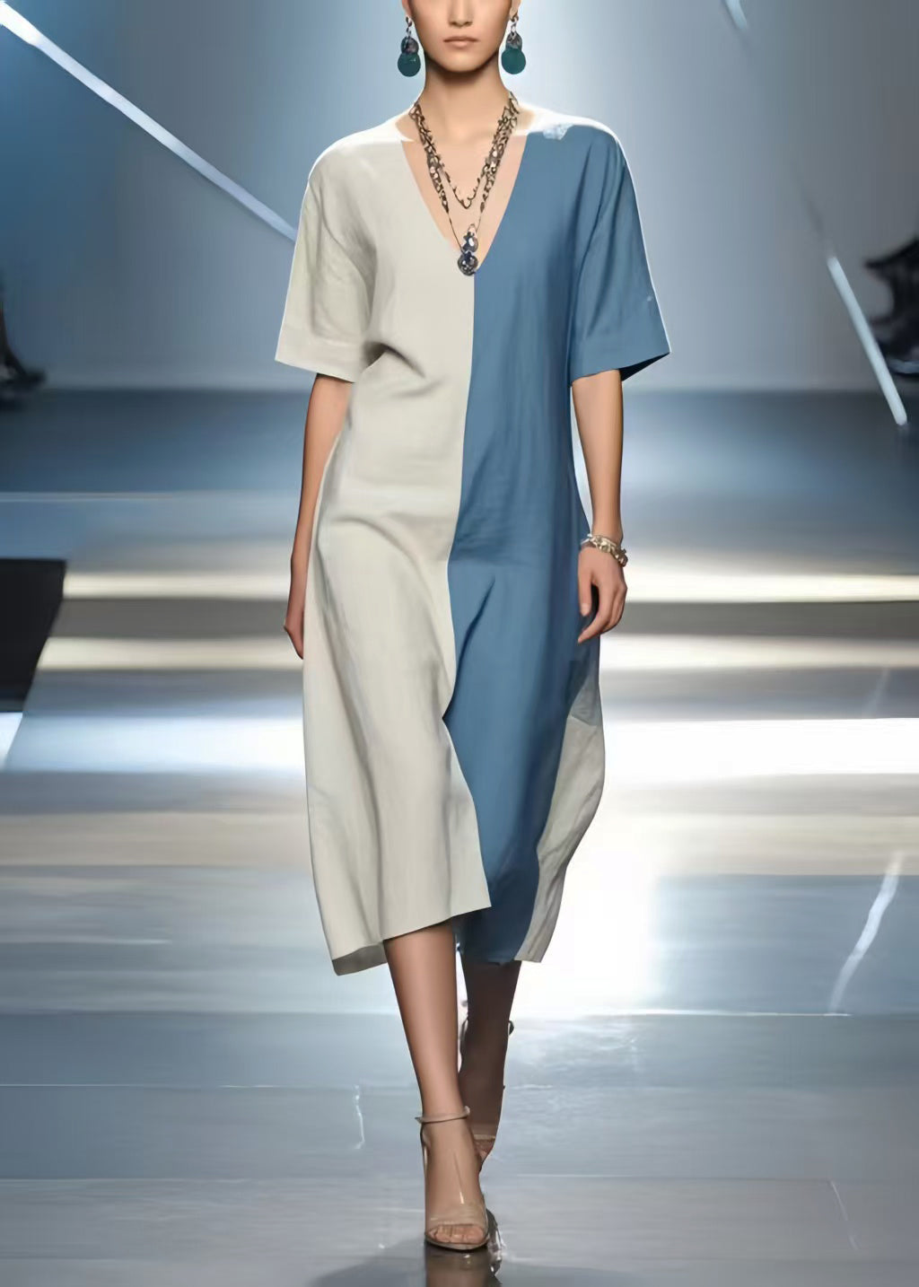 Simple Colorblock V Neck Patchwork Cotton Dress Summer