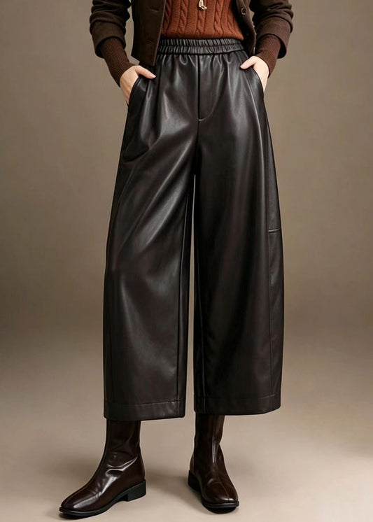 Simple Dark Coffee Elastic Waist Faux Leather Straight Leg Crop Pants Fall