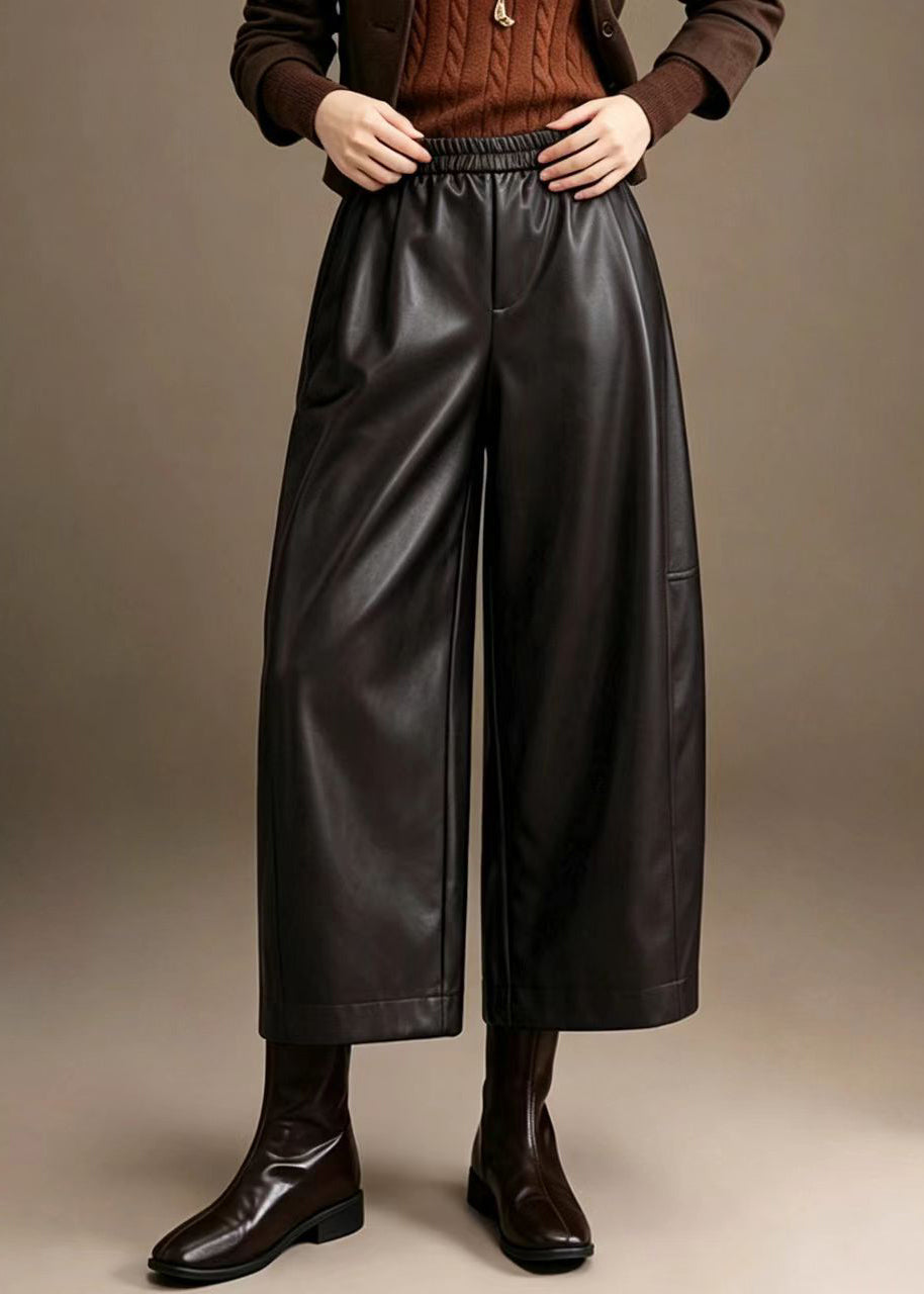 Simple Dark Coffee Elastic Waist Faux Leather Straight Leg Crop Pants Fall