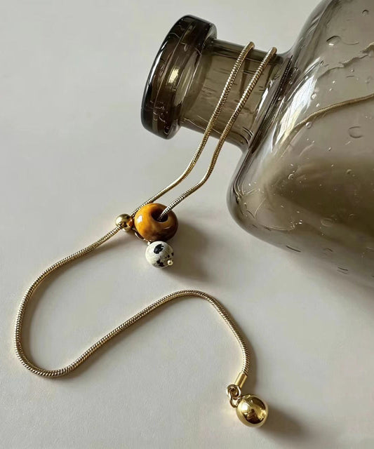 Simple Gold Tiger Eye Natural Stone Titanium Steel Chain Lariat Necklace