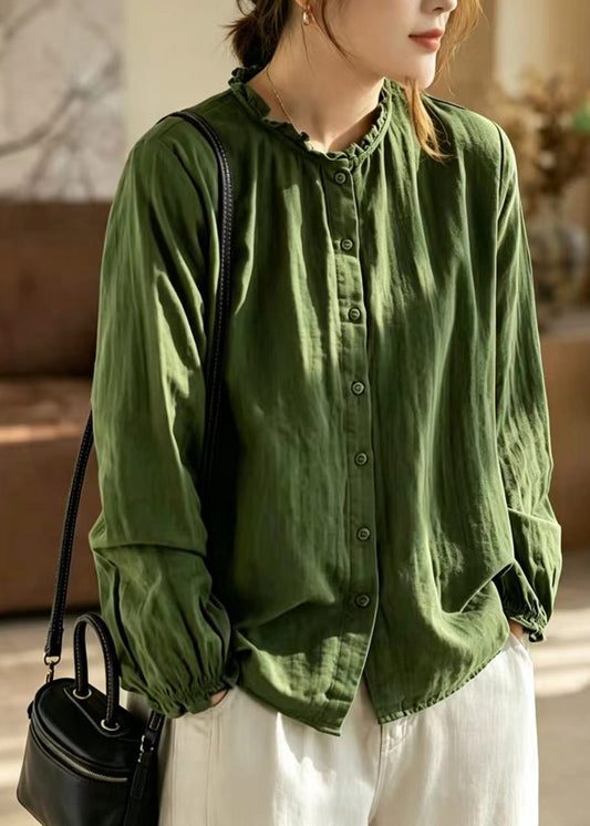 Simple Green O-Neck Ruffled Button Down Shirts Long Sleeve