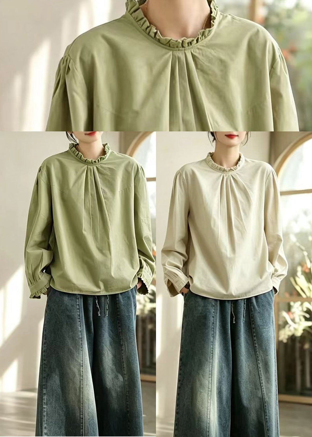 Simple Green O-Neck Ruffled Pleated Cotton Top Fall