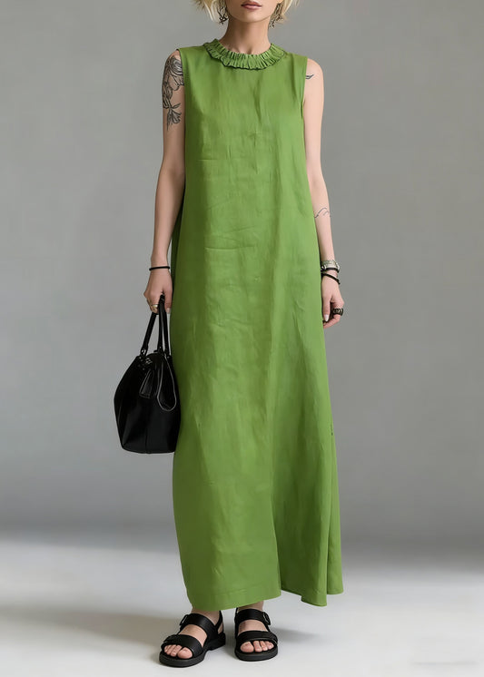Simple Green Ruffled Solid Cotton Long Dress Sleeveless