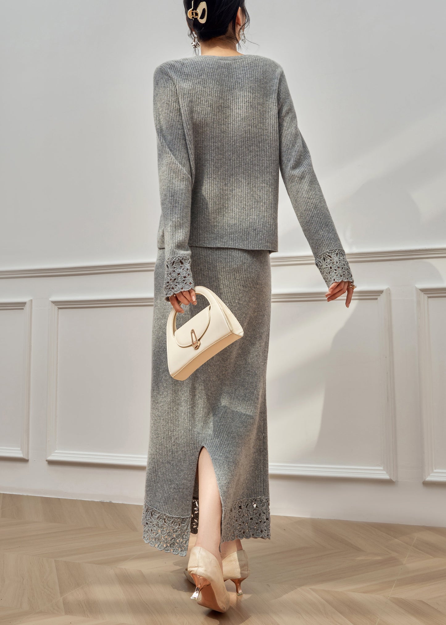 Simple Grey Hollow Out Sweaters And Skirts Knit Two Pieces Set Winter