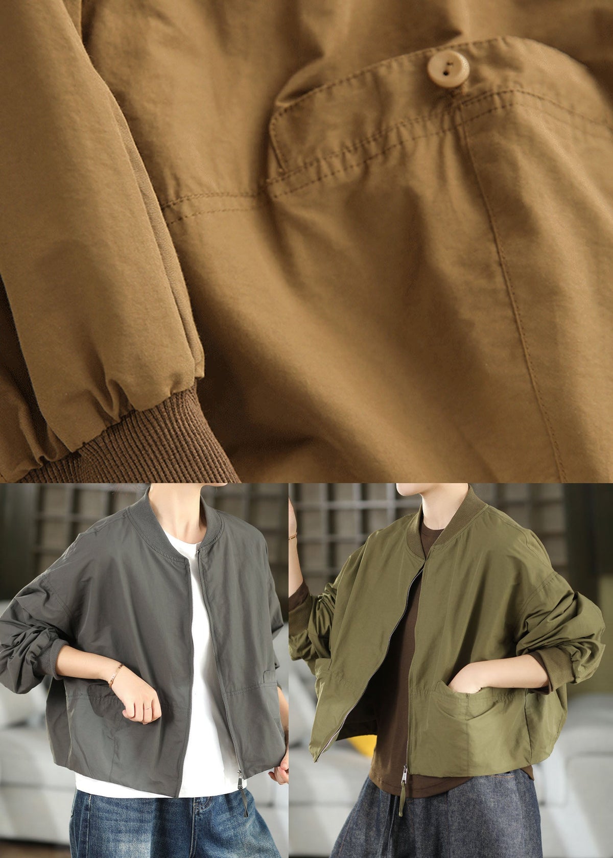 Simple Grey Oversized Pockets Cotton Jacket Fall