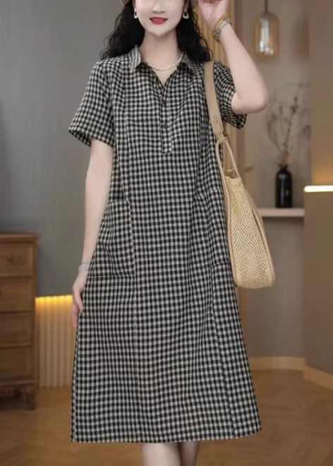 Simple Grey Peter Pan Collar Plaid Linen Mid Dress Summer