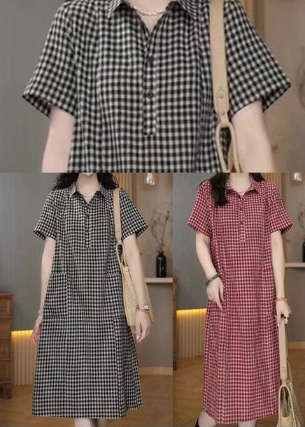 Simple Grey Peter Pan Collar Plaid Linen Mid Dress Summer