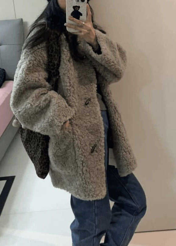 Simple Grey Stand Collar Pockets Faux Fur Coats Winter