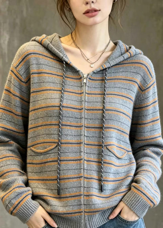 Simple Grey Striped Hooded Drawstring Zip Up Knit Cardigans Fall