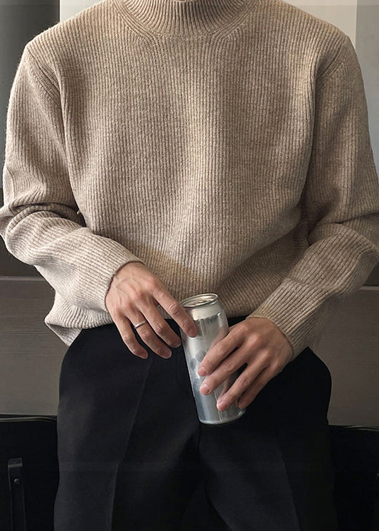 Simple Grey Turtleneck Solid Knit Men Sweater Fall