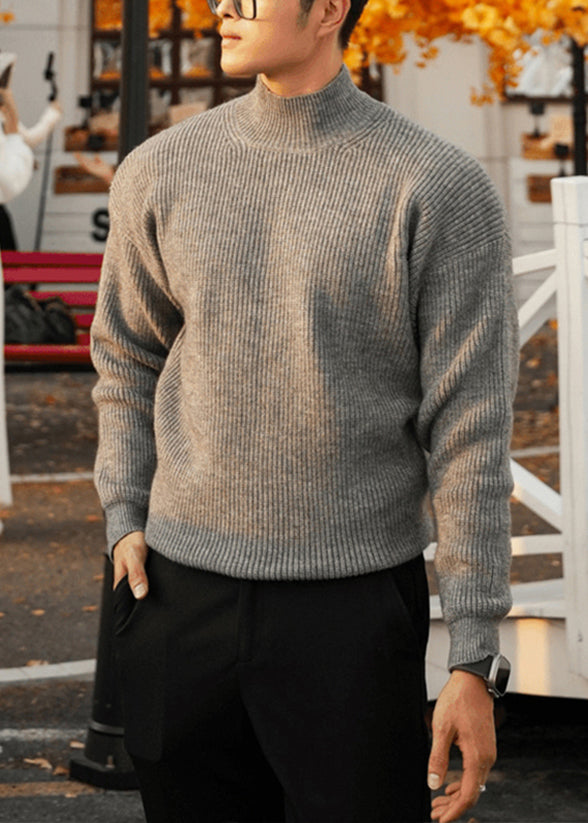 Simple Grey Turtleneck Solid Knit Men Sweater Tops Fall