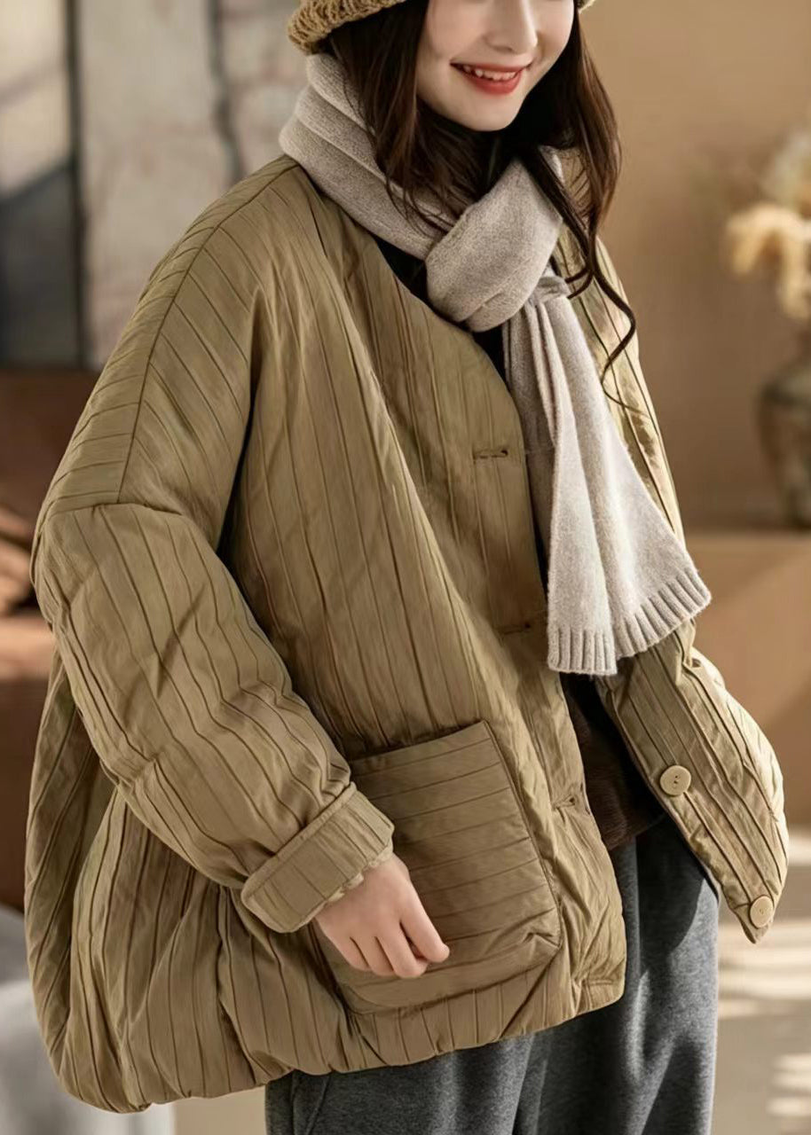 Simple Khaki O-Neck Oversized Pockets Cotton Filled Puffer Jacket Winter