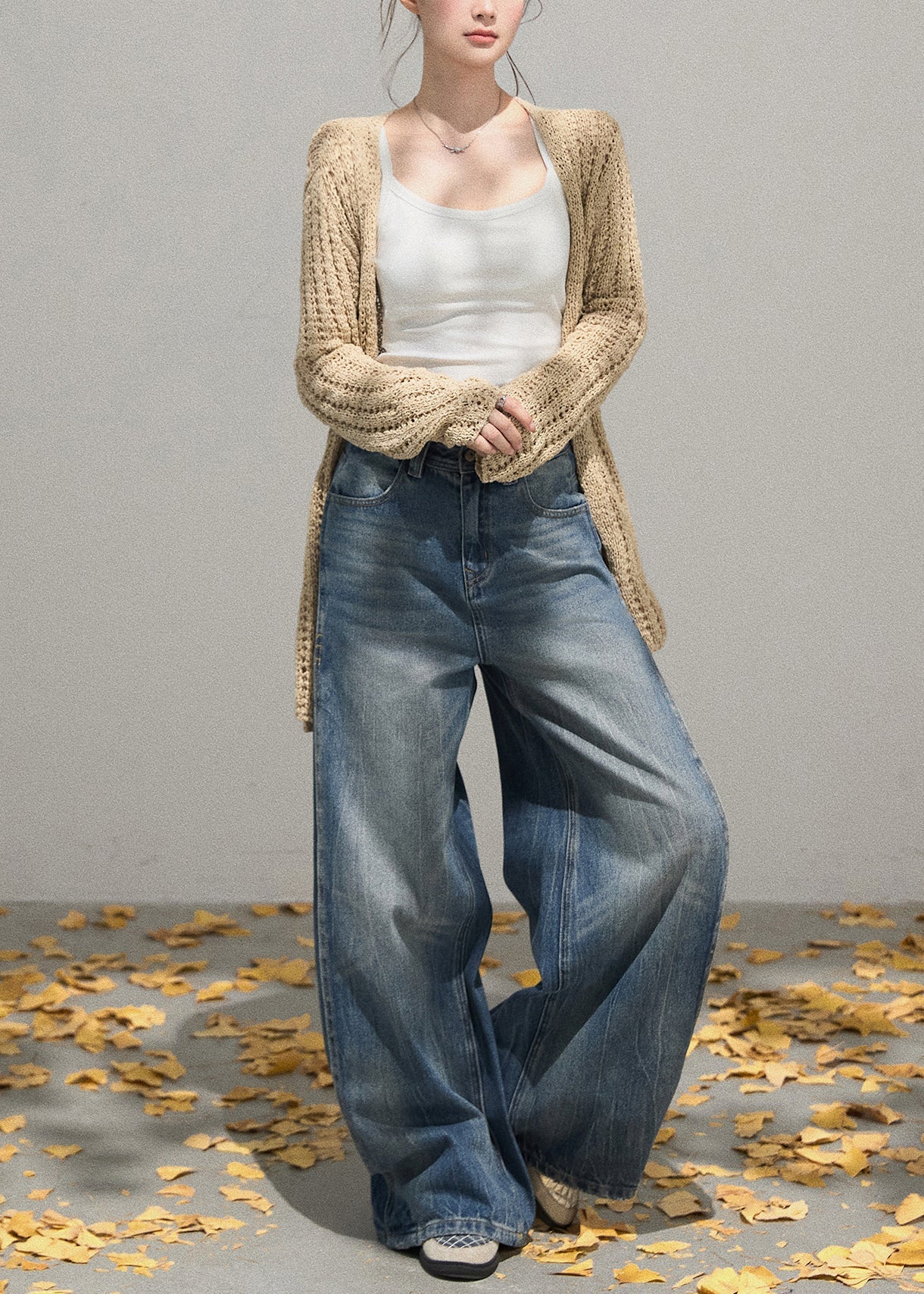 Simple Khaki Oversized Hollow Out Knit Cardigans Fall