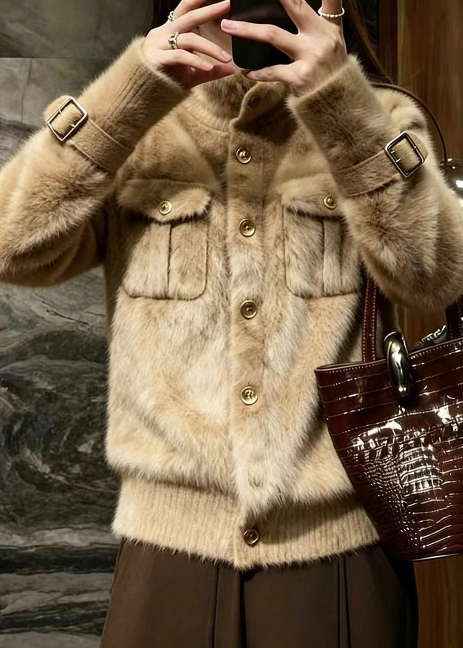 Simple Khaki Stand Collar Button Mink Hair Knitted Sweater Coat Winter