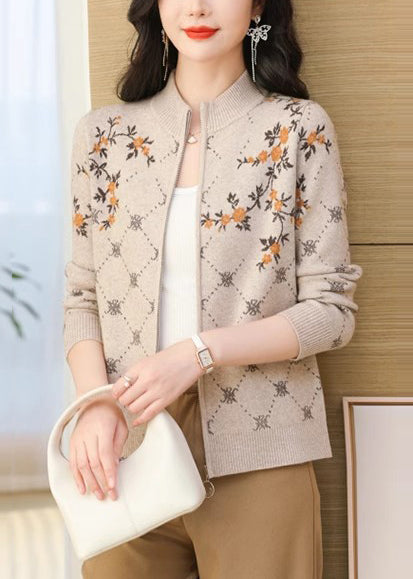 Simple Khaki Zip Up Jacquard Knit Cardigan Fall