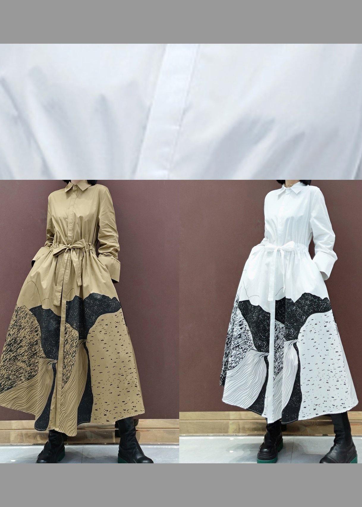 Simple Lapel Drawstring Spring Dresses Work Outfits White Print A Line Dress - SooLinen