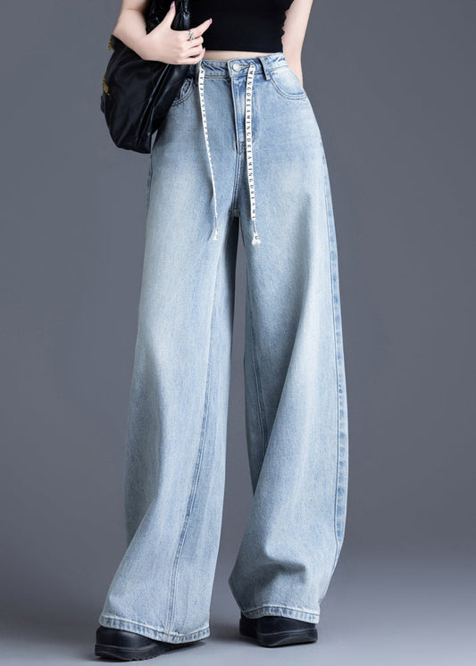 Simple Light Blue Oversized Drawstring Denim Straight Pants Spring
