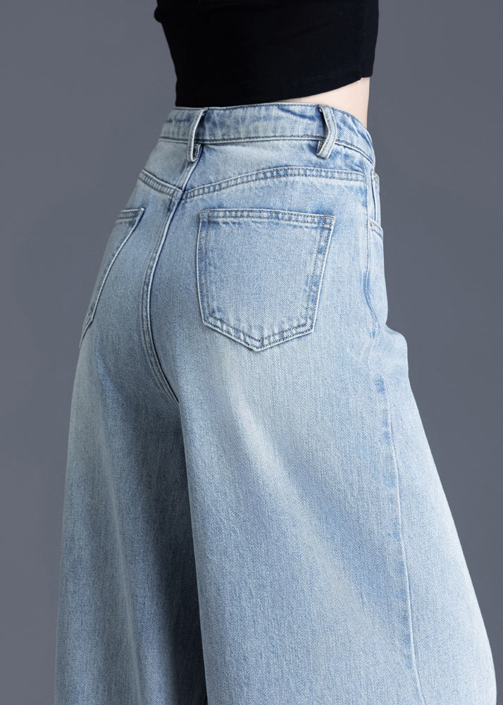 Simple Light Blue Oversized Drawstring Denim Straight Pants Spring