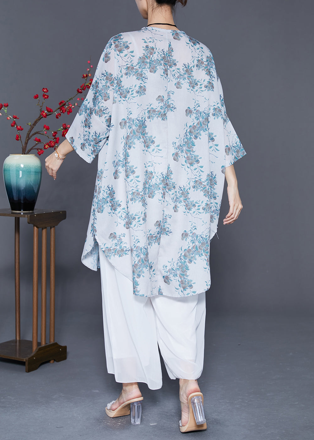 Simple Light Grey Oversized Print Cotton Mid Dress Bracelet Sleeve