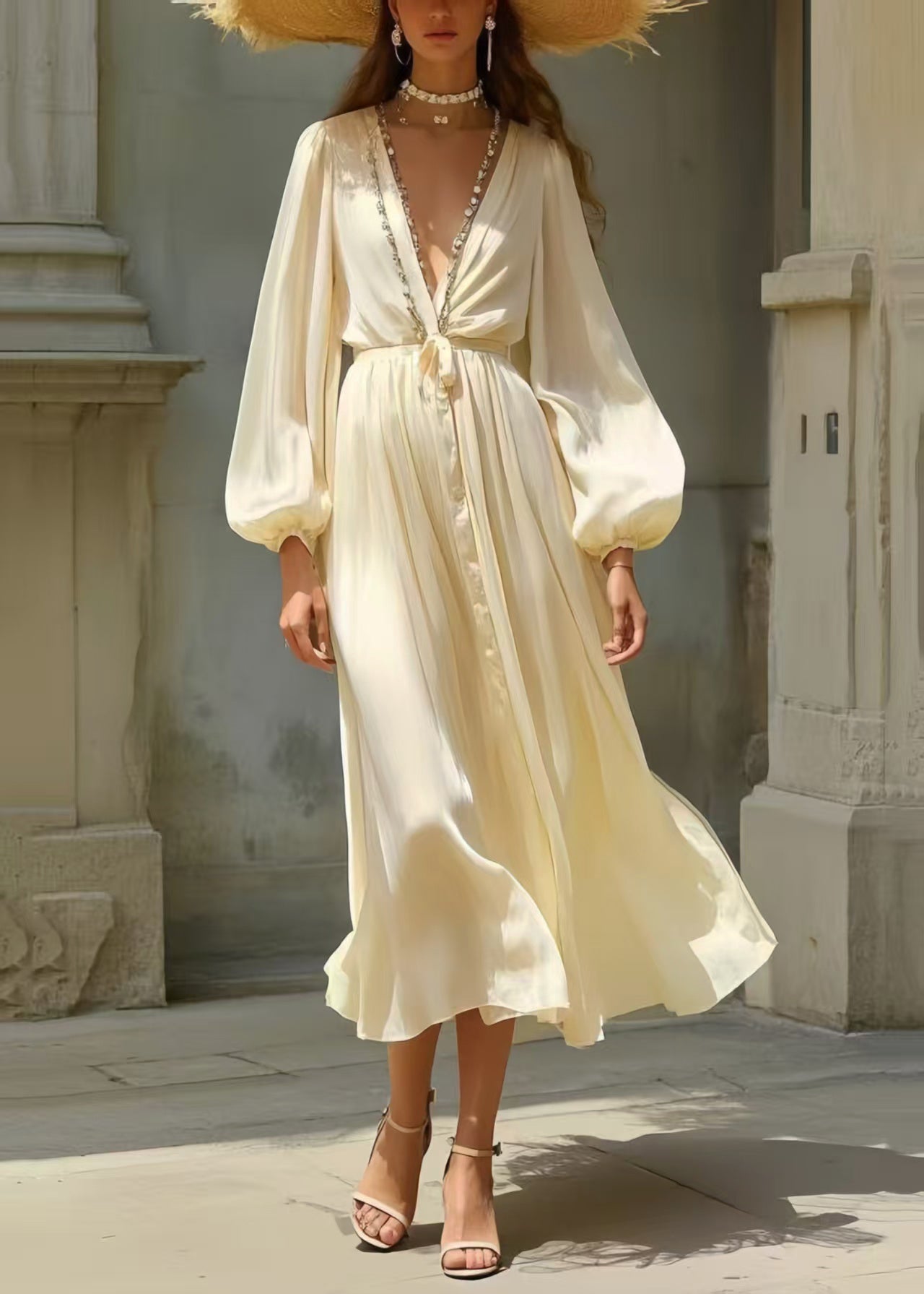 Simple Milk White Draping Silk Tunic Dress Spring