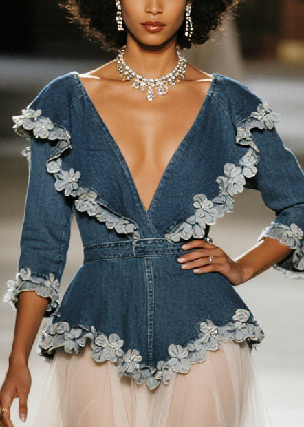 Simple Navy Flower Decorated Patchwork Tulle Long Dress Spring