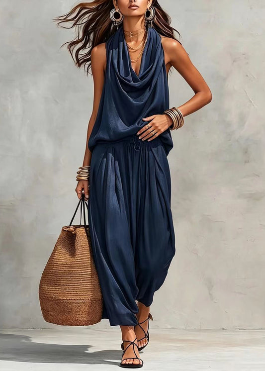 Simple Navy Oversized Two Piece Set Women Clothing Sleeveless