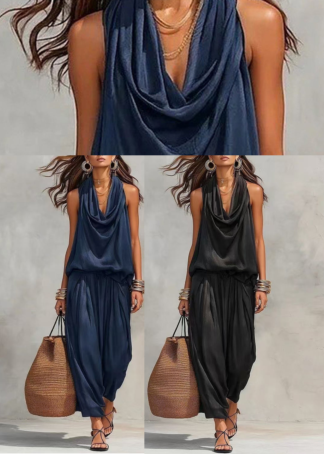 Simple Navy Oversized Two Piece Set Women Clothing Sleeveless