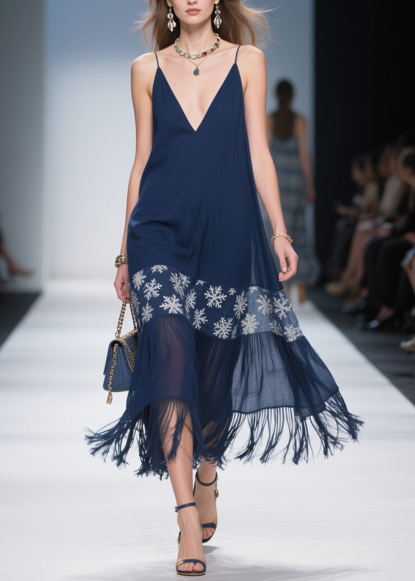 Simple Navy Tassel Cotton Spaghetti Strap Dress Summer