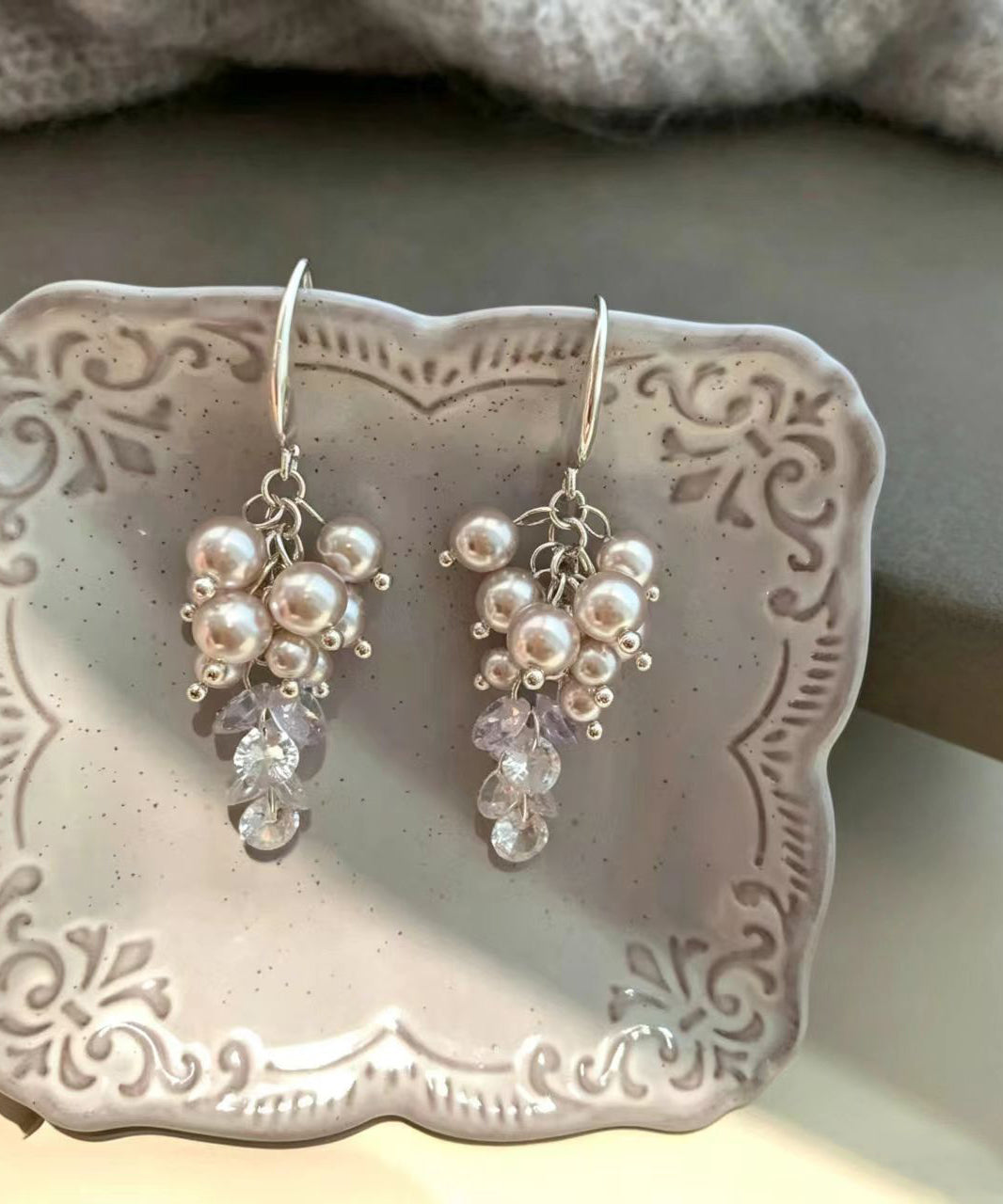 Simple Nude Pearl Crystal Silver Plated Hook Earrings Drop Earrings