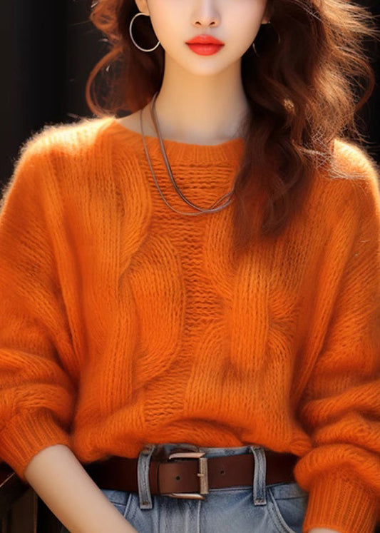 Simple Orange O Neck Cozy Knit Sweaters Spring