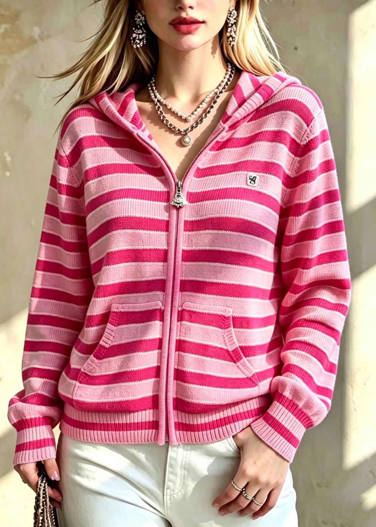 Simple Pink Hooded Striped Zip Up Knit Cardigan Fall