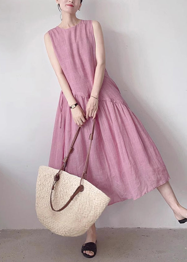 Simple Pink O Neck Pockets Wrinkled Cotton Long Dress Sleeveless
