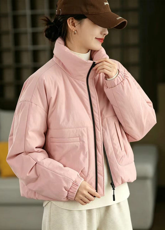 Simple Pink Stand Collar Pockets Cotton Filled Puffer Jacket Winter