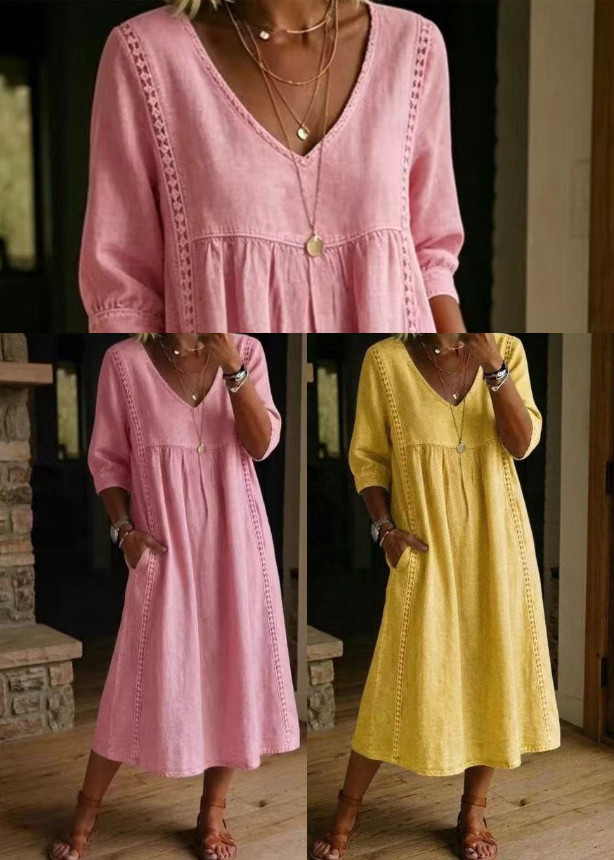 Simple Pink V Neck Patchwork Lace Dress Spring