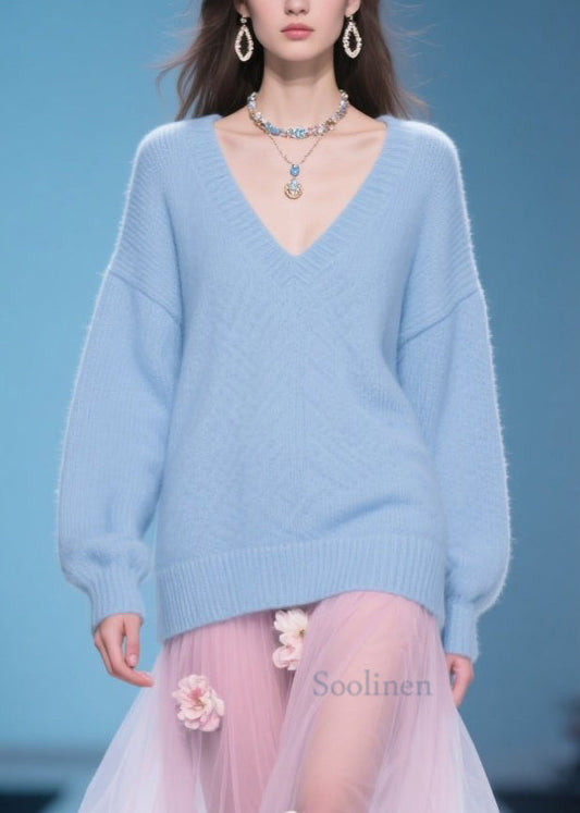 Simple Plus Size Blue V Neck Knit Sweaters Winter