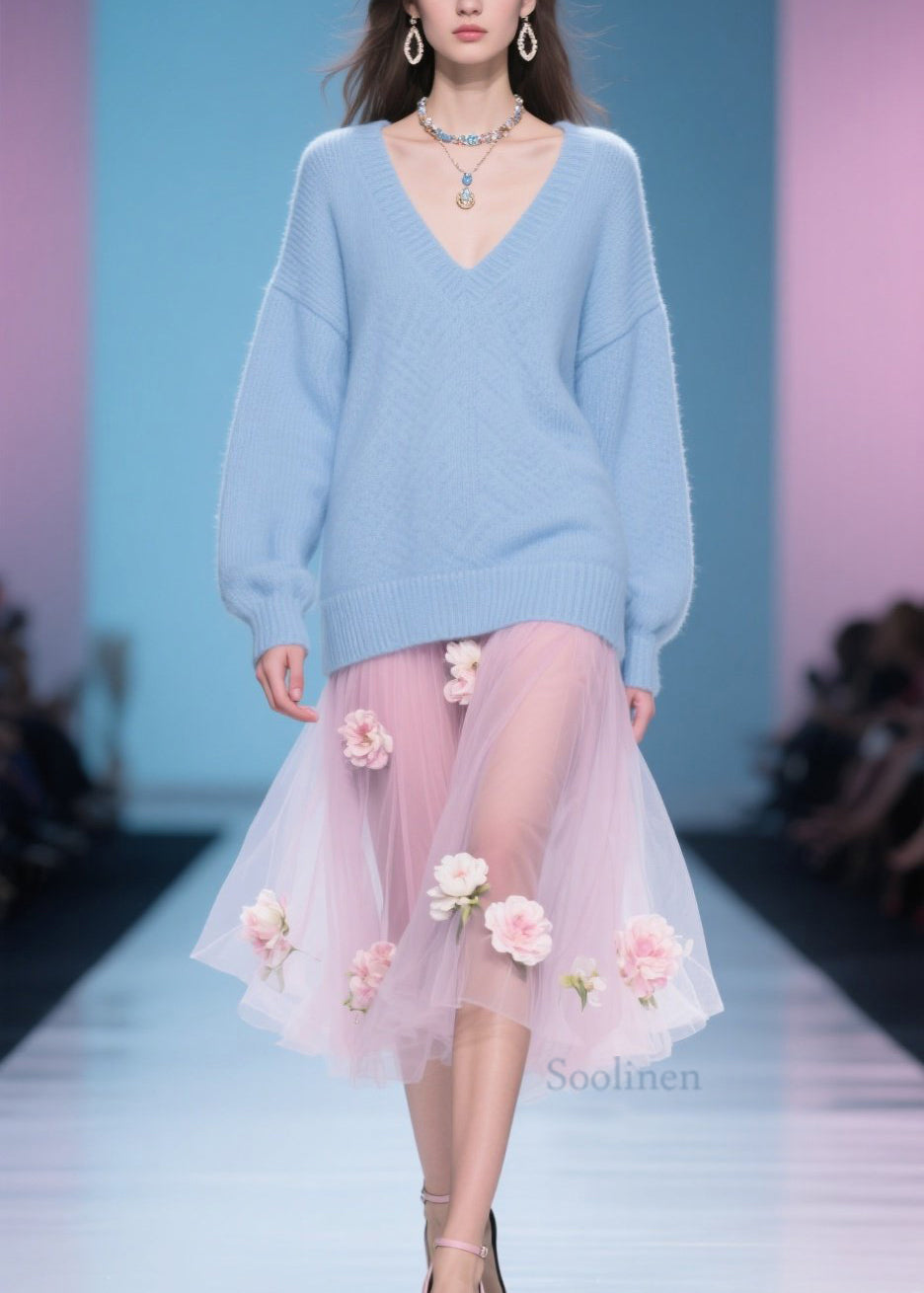 Simple Plus Size Blue V Neck Knit Sweaters Winter